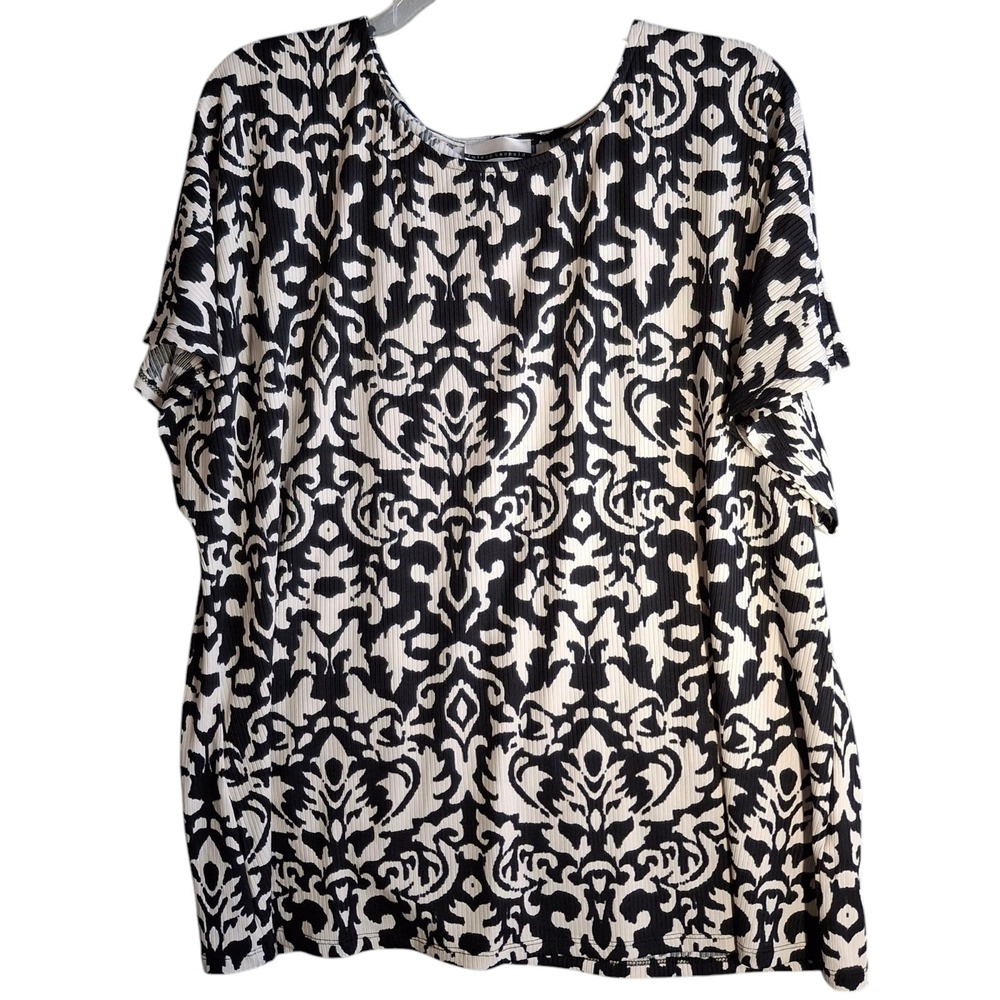 Jules & Leopold Women's 2X Top Pullover Floral Art To Wear Black White Stretch